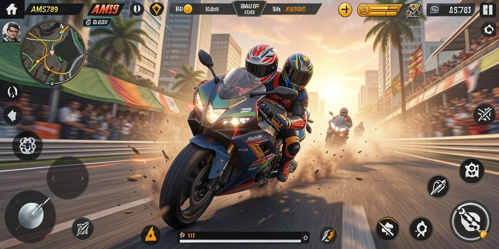 Screenshot utama AMS789 menunjukkan gameplay balap motor yang mendebarkan.