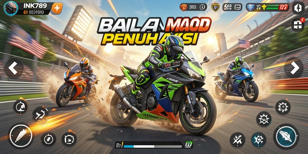 Screenshot gameplay menampilkan balapan motor yang mendebarkan.
