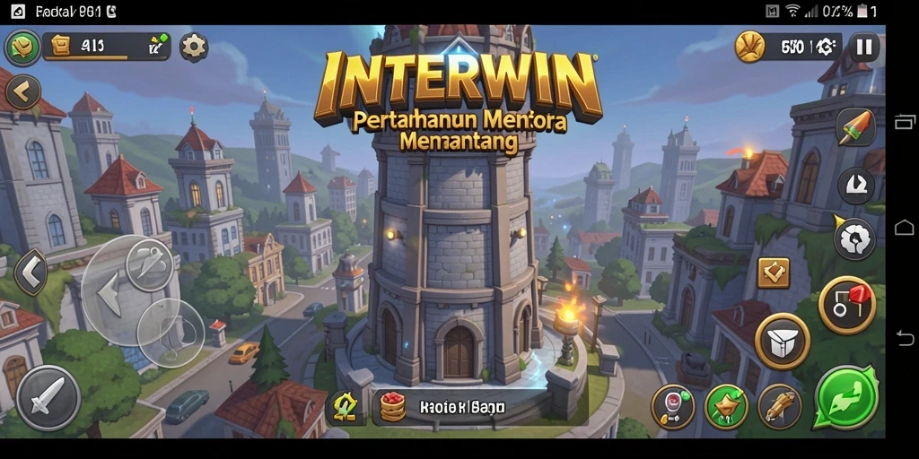 Screenshot dari gameplay INTERWIN yang menampilkan menara bertahan.