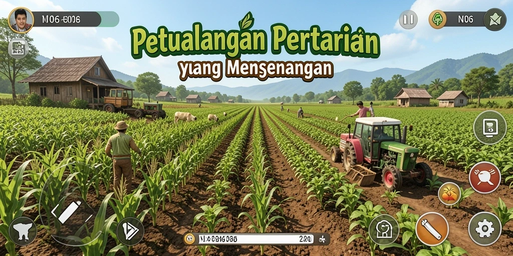 Screenshot gameplay N06 menampilkan ladang hijau yang subur dan aktivitas bercocok tanam.