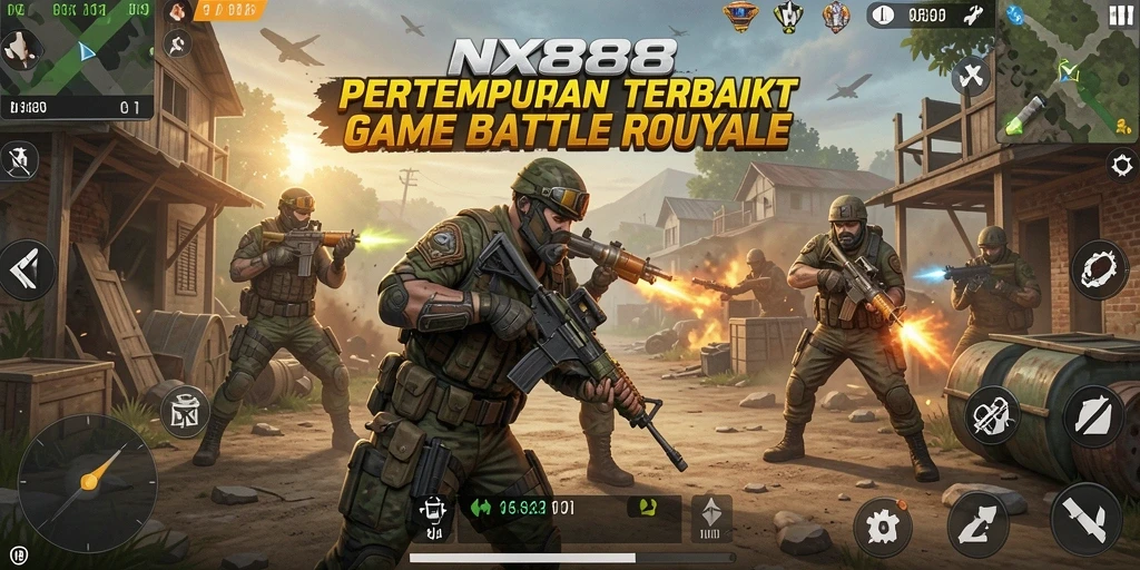 Screenshot utama <strong>NX888</strong> menampilkan aksi intens Battle Royale yang mendebarkan.