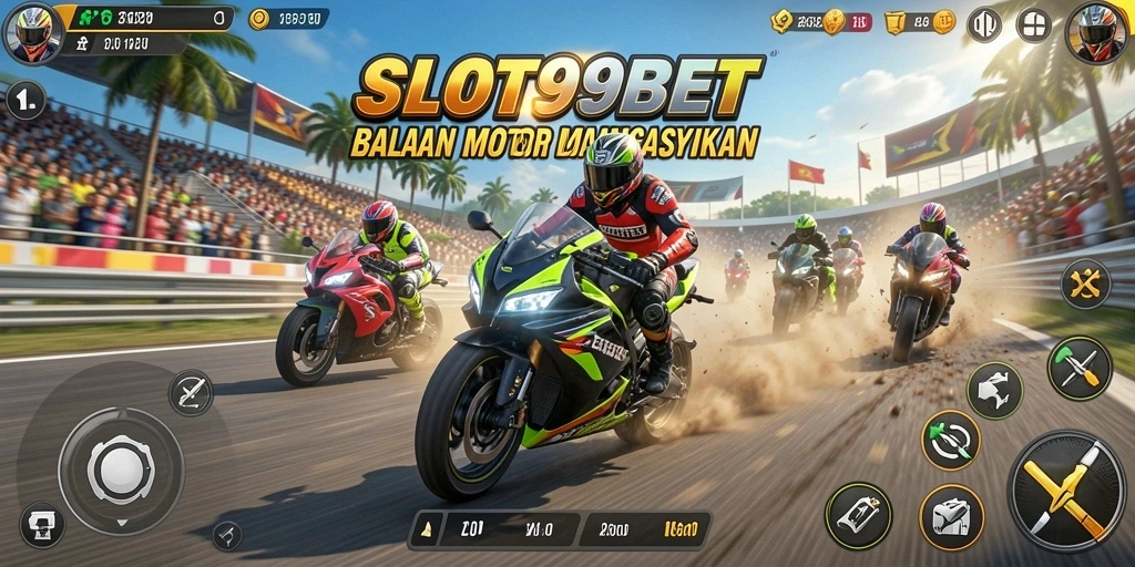 Screenshot menunjukkan aksi balap motor yang mendebarkan di SLOT99BET.