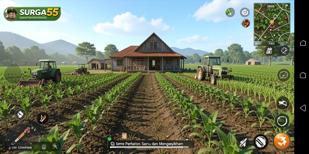 Screenshot utama dari gameplay SURGA55 yang menampilkan aktivitas bertani yang seru.